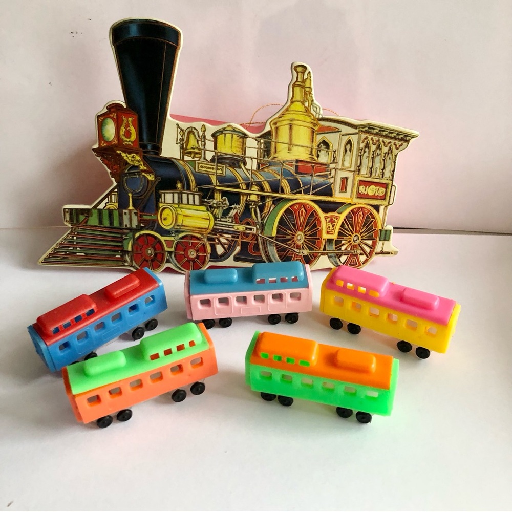Shackman Christmas Train Ornament box 5 trains die cut locomotive Vintage